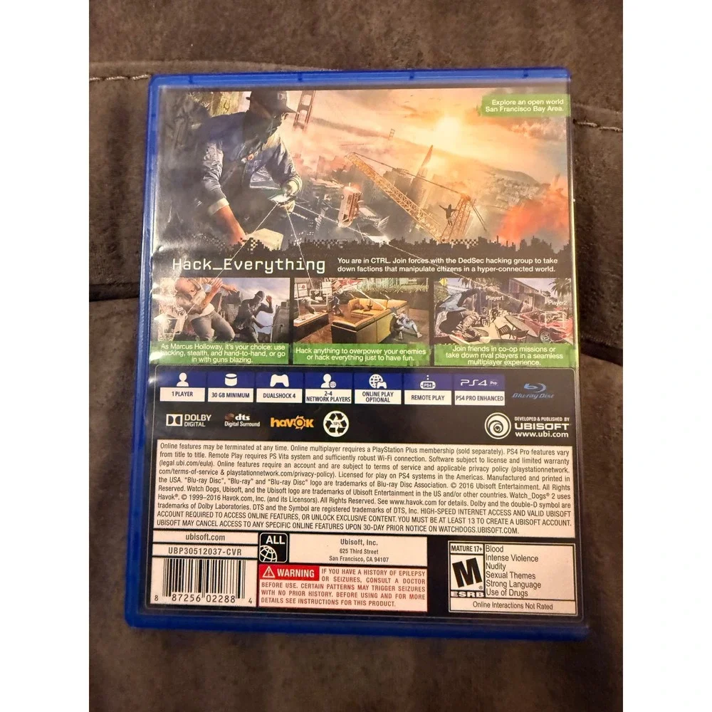 Watch Dogs 2 Sony PlayStation 4 PS4 Action Adventure Game Ubisoft 2016 Disc Case
